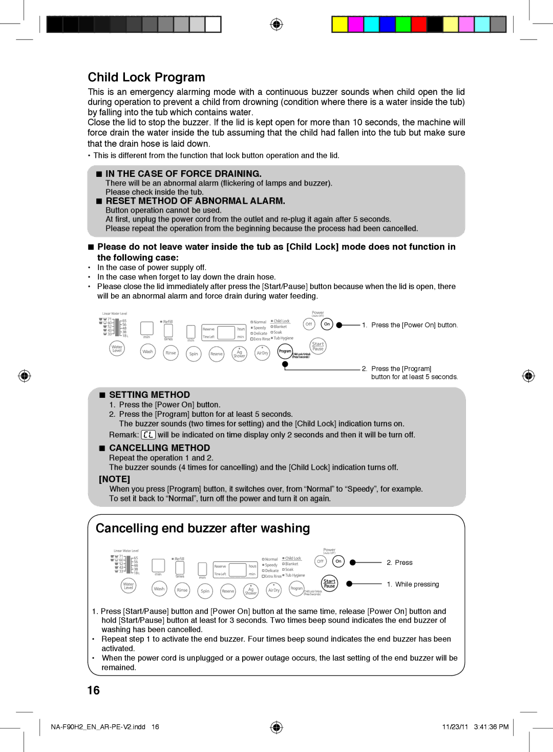 Panasonic NA-F90H2 operating instructions Child Lock Program, Cancelling end buzzer after washing 