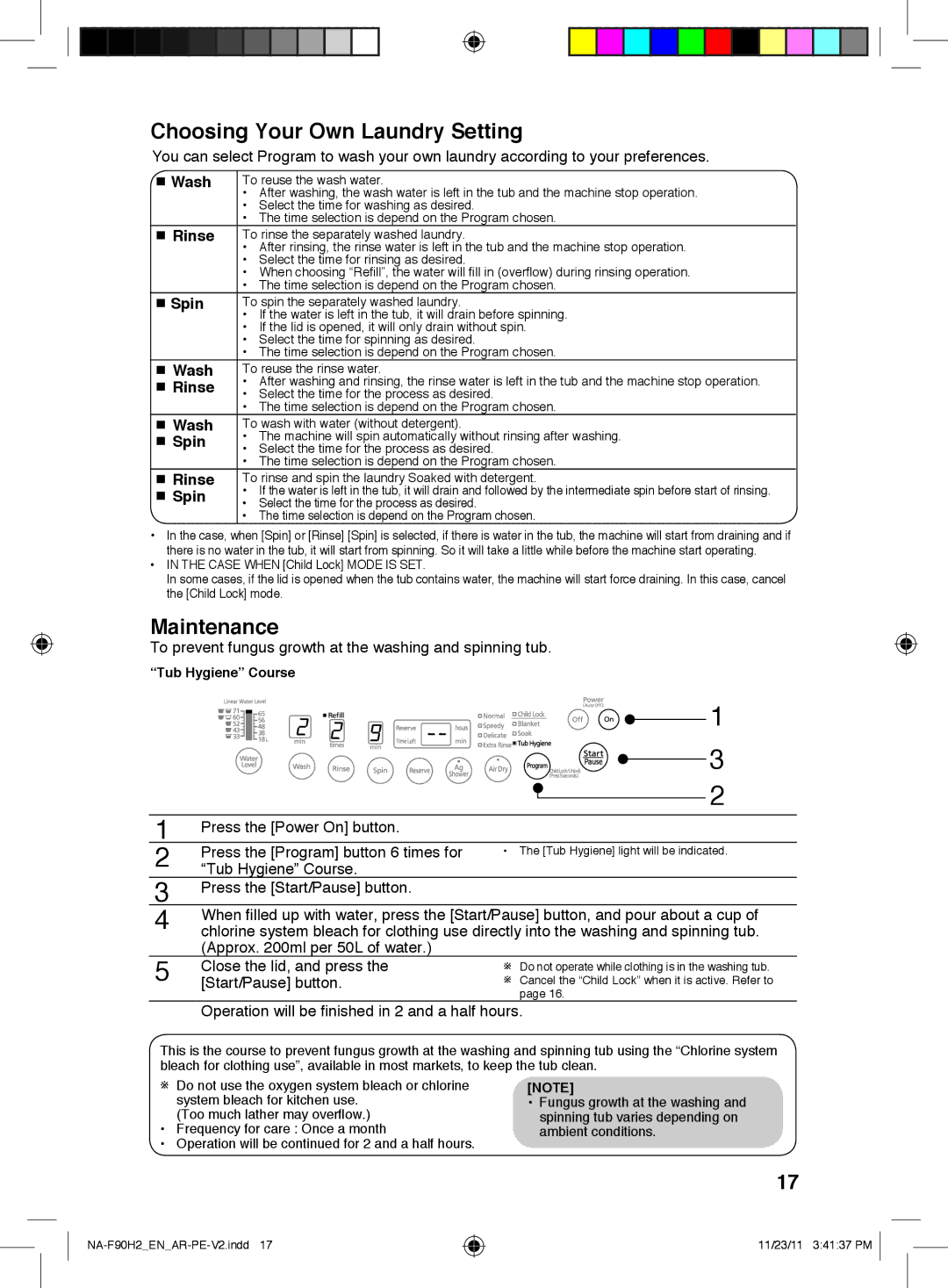 Panasonic NA-F90H2 operating instructions Choosing Your Own Laundry Setting, Maintenance, Wash, Rinse, Spin 