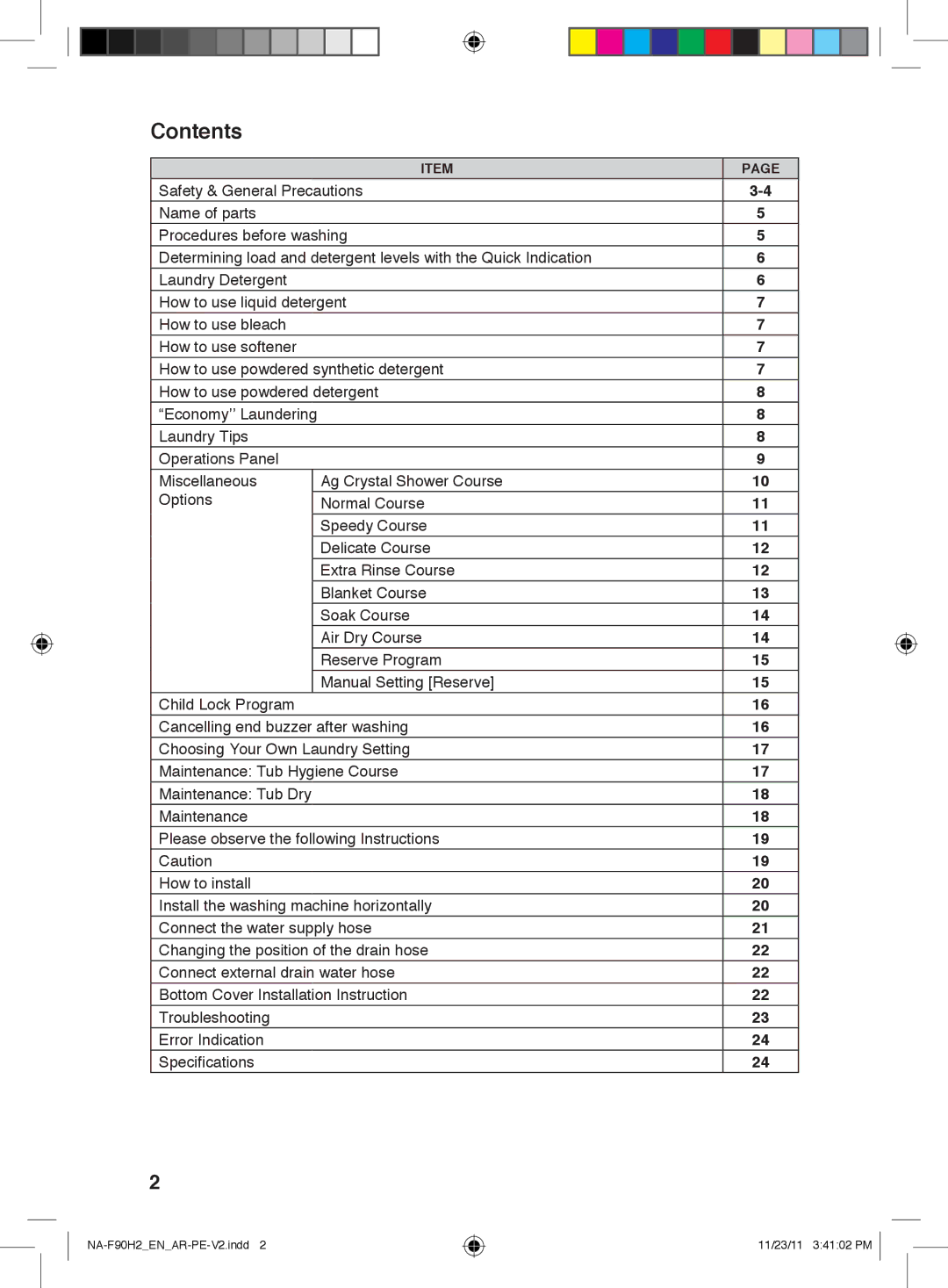 Panasonic NA-F90H2 operating instructions Contents 