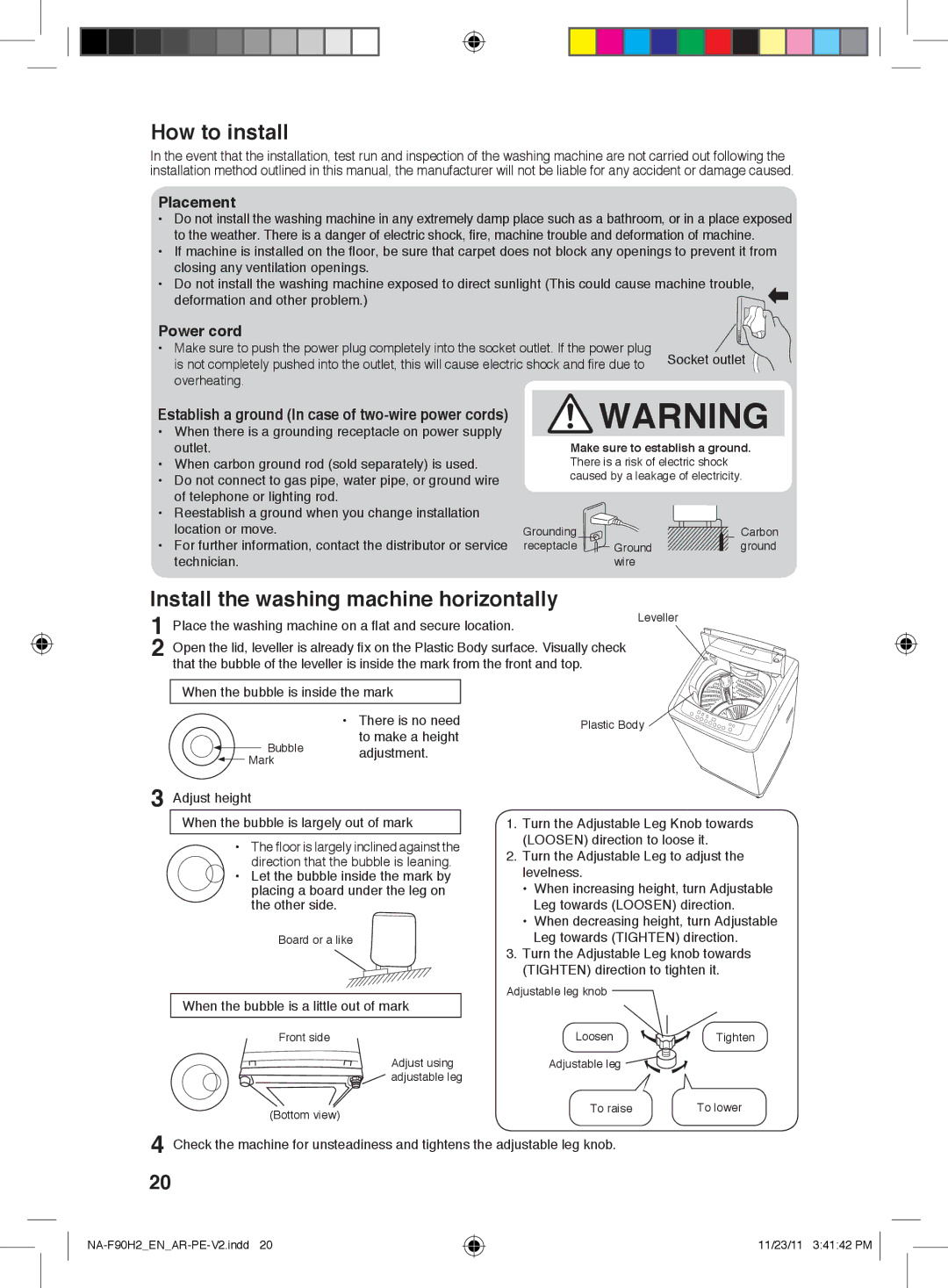 Panasonic NA-F90H2 operating instructions How to install, Install the washing machine horizontally, Placement, Power cord 