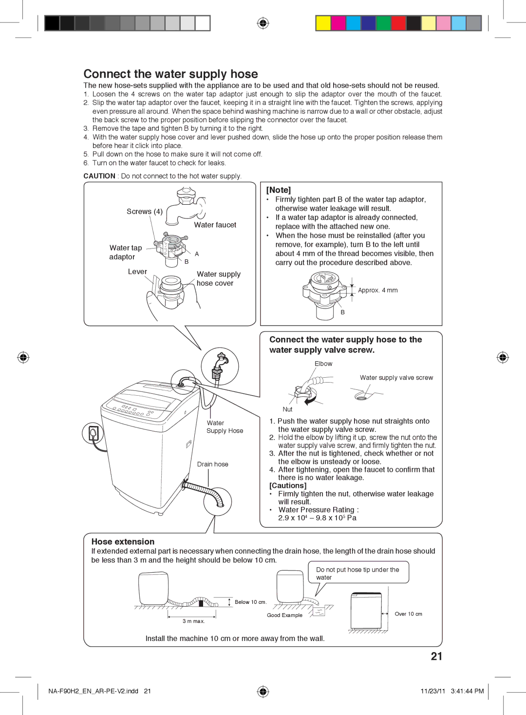 Panasonic NA-F90H2 operating instructions Connect the water supply hose, Hose extension, Hose cover 