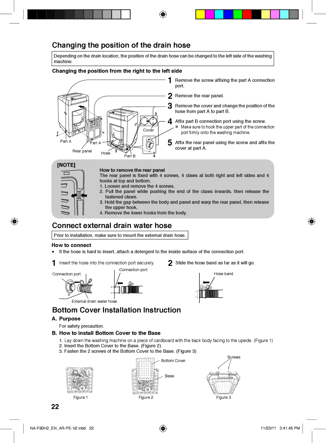 Panasonic NA-F90H2 operating instructions Changing the position of the drain hose, Connect external drain water hose 