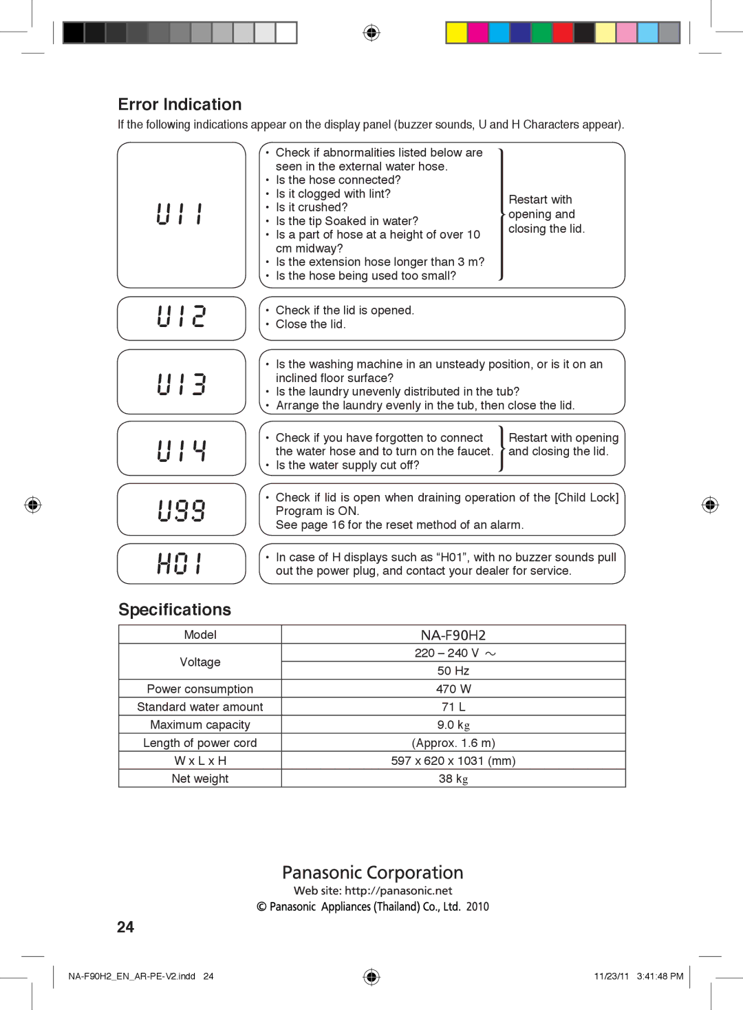 Panasonic NA-F90H2 operating instructions Error Indication, Speciﬁcations 