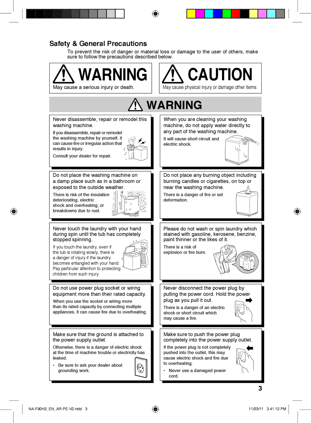 Panasonic NA-F90H2 operating instructions Safety & General Precautions, It will cause short circuit and electric shock 