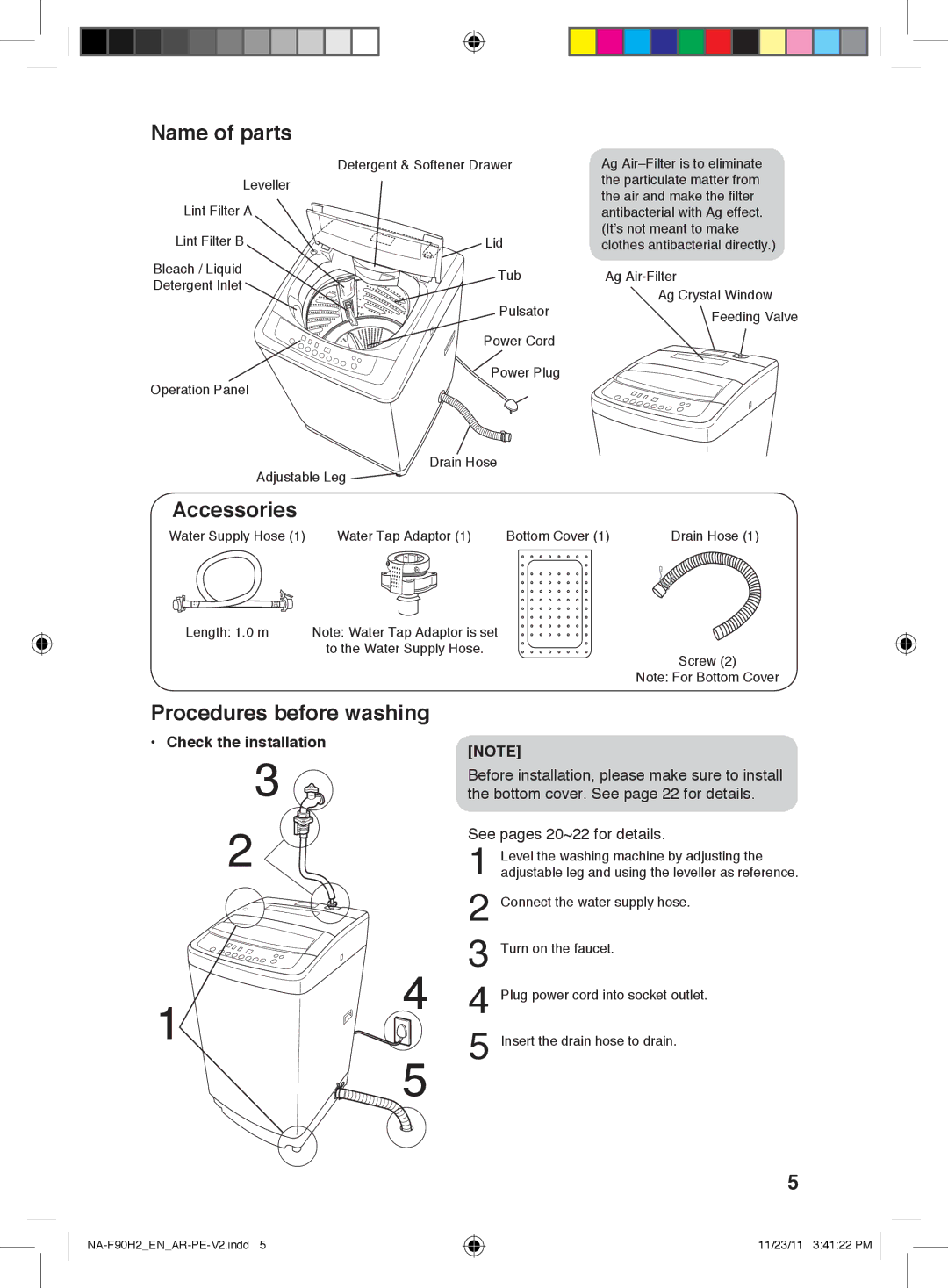 Panasonic NA-F90H2 operating instructions Name of parts, Accessories, Procedures before washing, Check the installation 