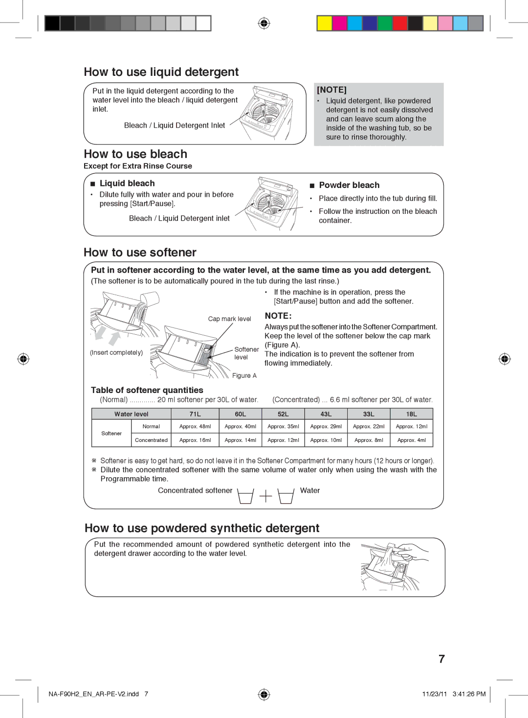 Panasonic NA-F90H2 operating instructions How to use liquid detergent, How to use bleach, How to use softener 