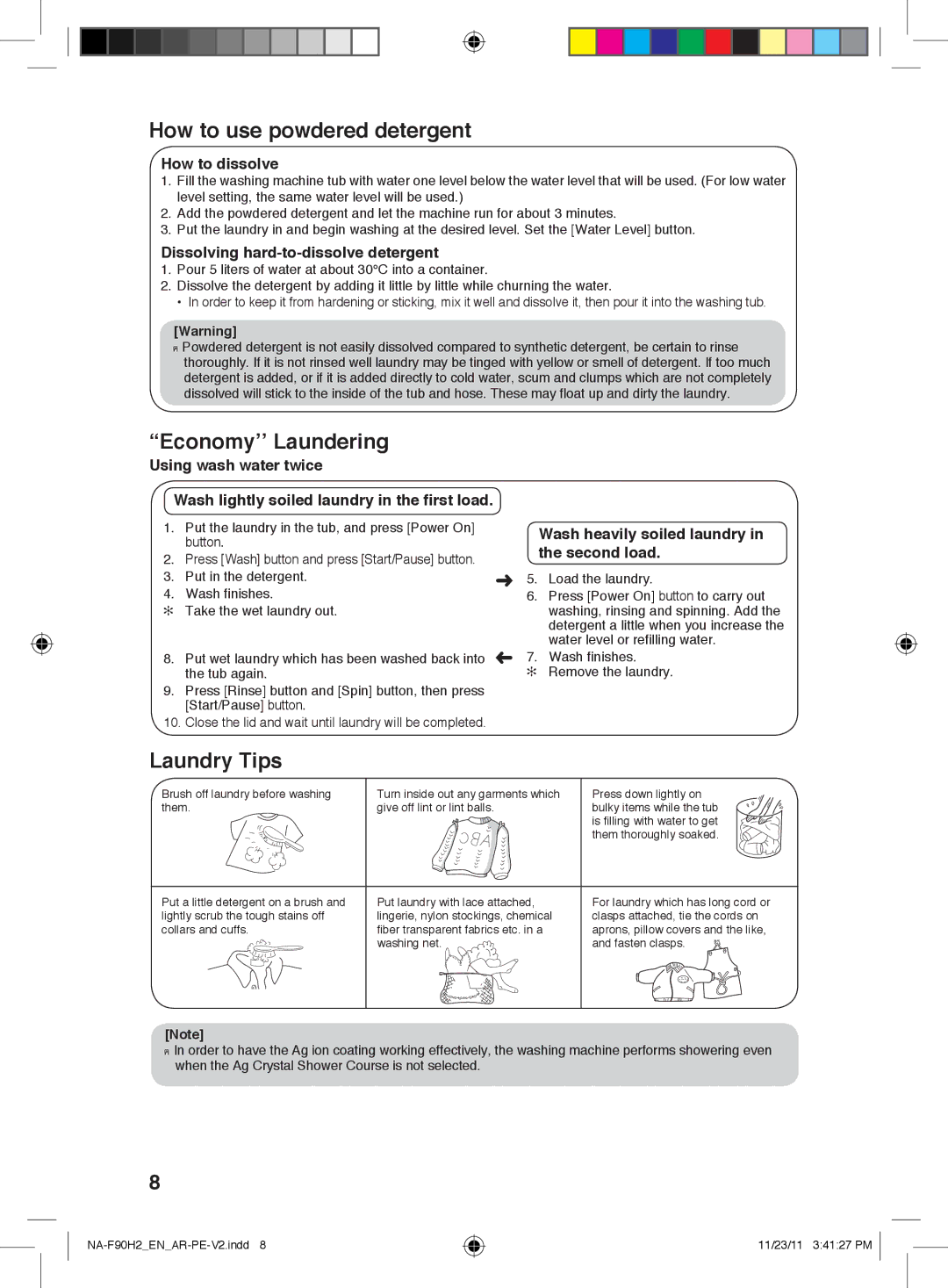 Panasonic NA-F90H2 operating instructions How to use powdered detergent, Economy’’ Laundering, Laundry Tips 