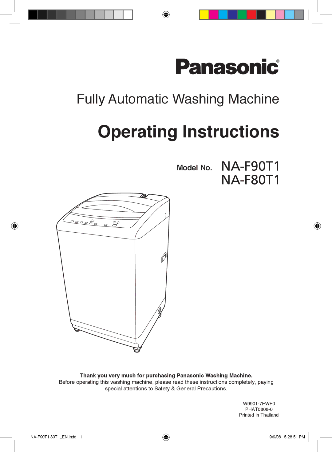 Panasonic NA-F80T1, NA-F90T1 operating instructions Model No, Thank you very much for purchasing Panasonic Washing Machine 