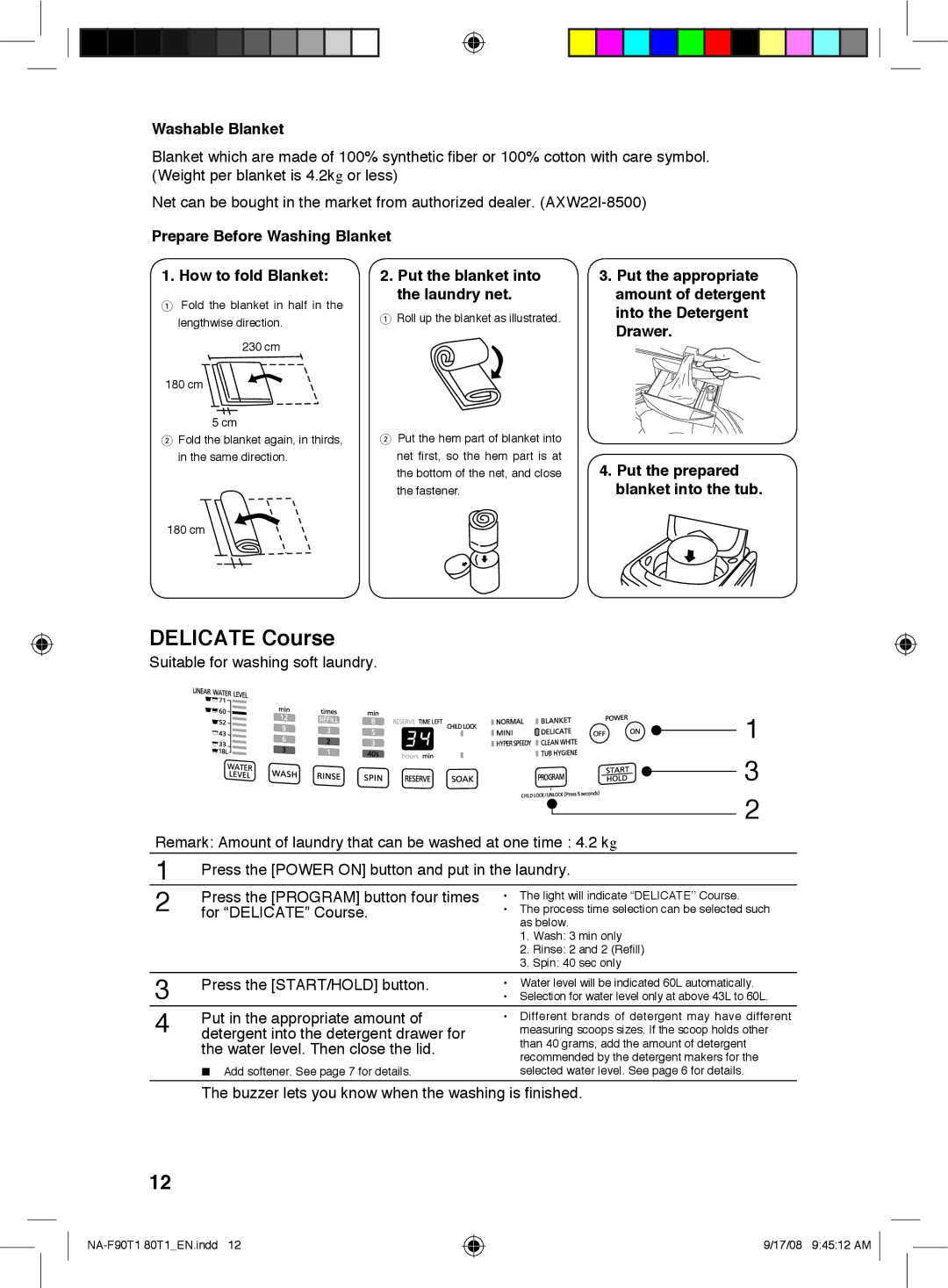 Panasonic NA-F90T1, NA-F80T1 Delicate Course, Washable Blanket, Prepare Before Washing Blanket How to fold Blanket 