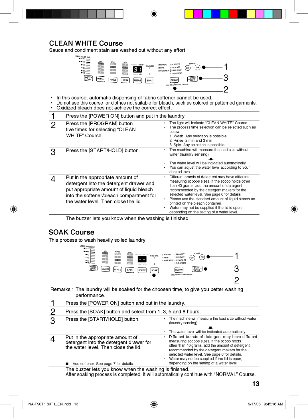 Panasonic NA-F80T1, NA-F90T1 operating instructions Clean White Course, Soak Course 