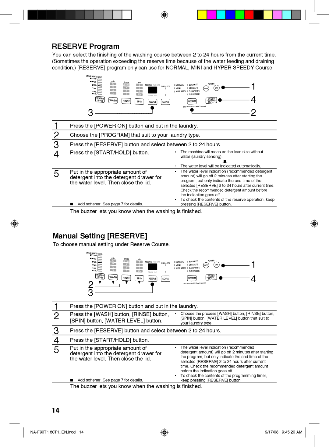 Panasonic NA-F90T1, NA-F80T1 operating instructions Reserve Program, Manual Setting Reserve 