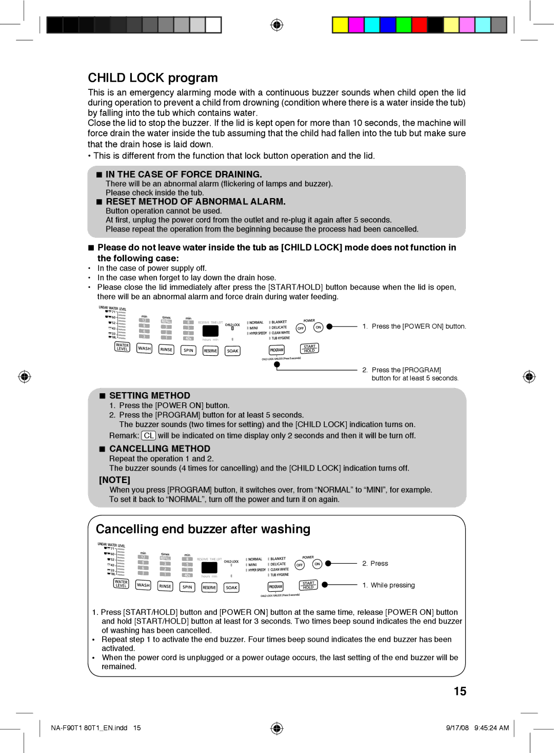 Panasonic NA-F80T1, NA-F90T1 operating instructions Child Lock program, Cancelling end buzzer after washing 