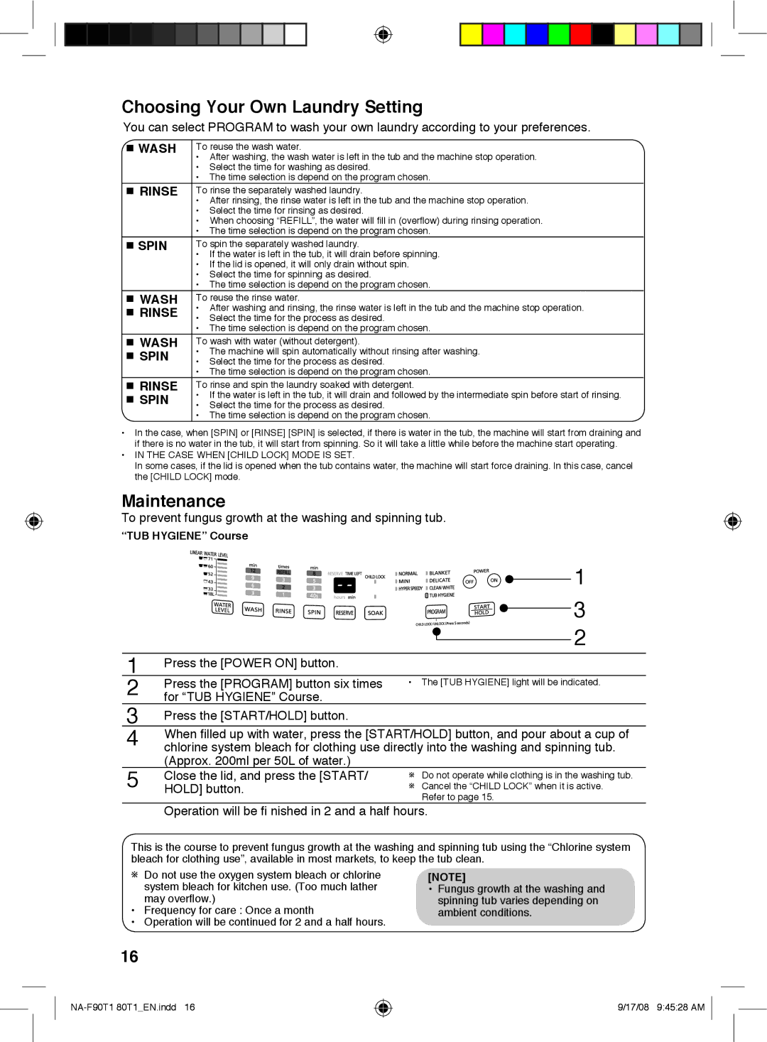 Panasonic NA-F90T1, NA-F80T1 operating instructions Choosing Your Own Laundry Setting, Maintenance, Wash, Spin 