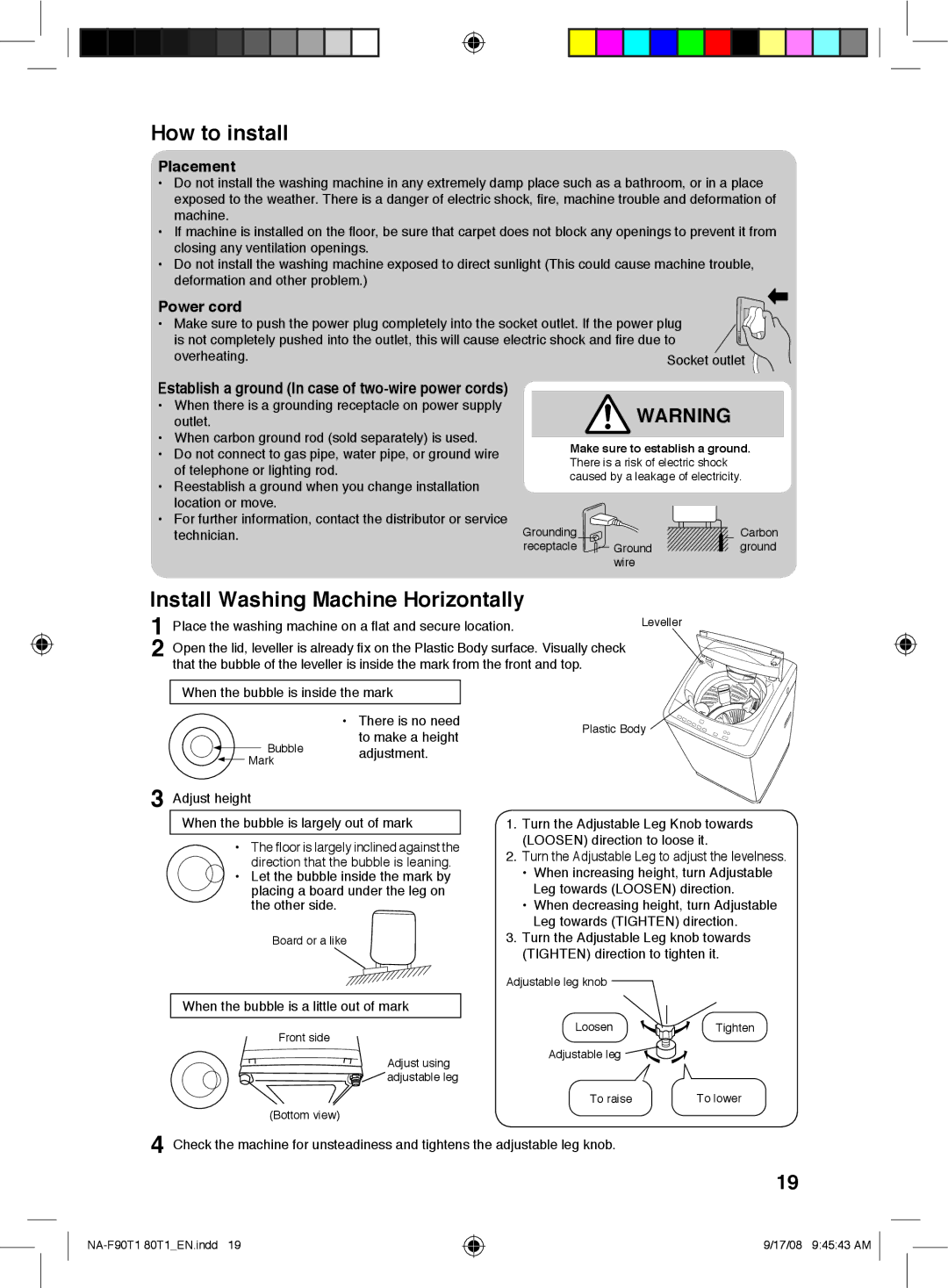 Panasonic NA-F80T1, NA-F90T1 How to install, Install Washing Machine Horizontally, Placement, Power cord 