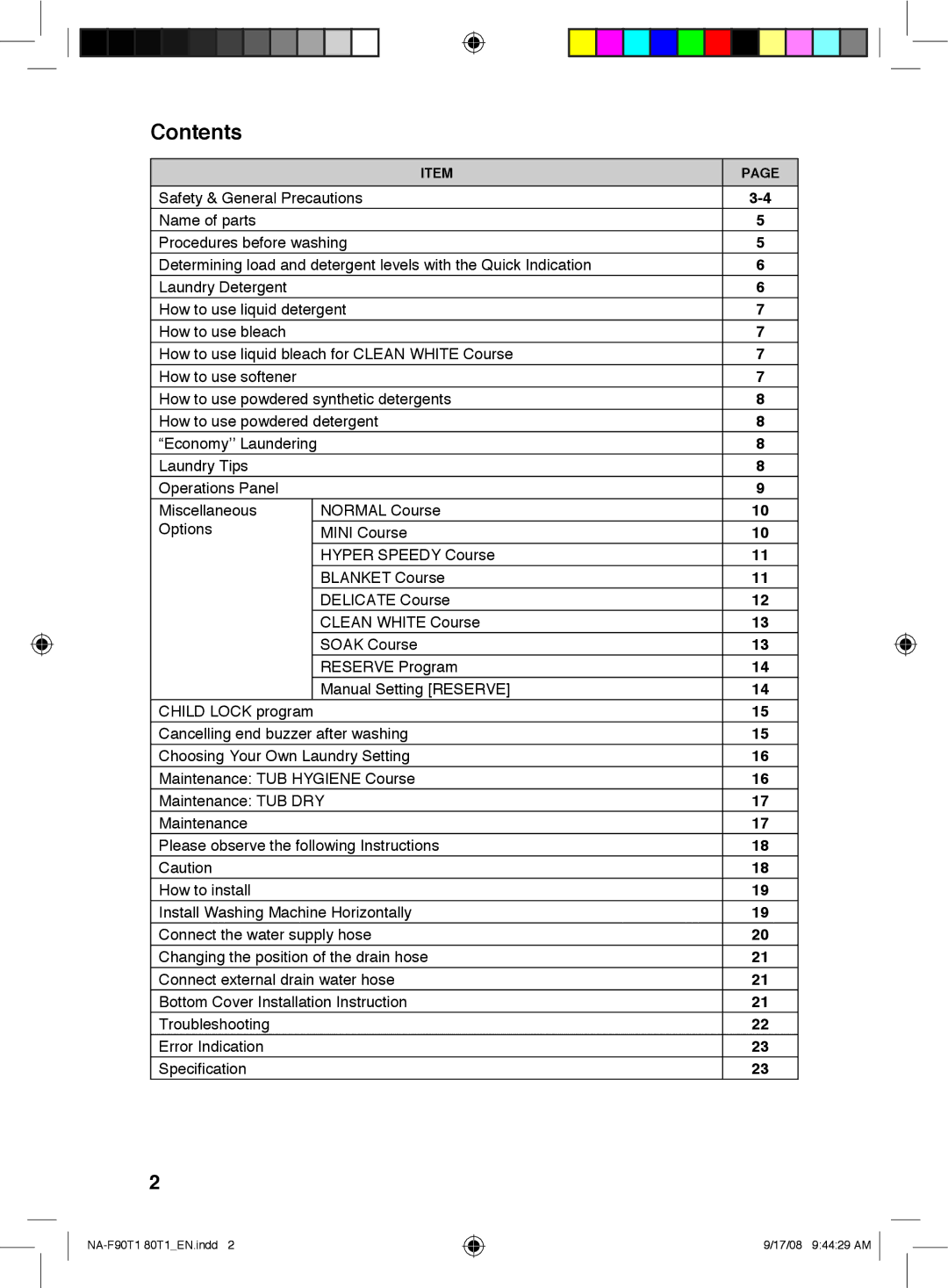 Panasonic NA-F90T1, NA-F80T1 operating instructions Contents 