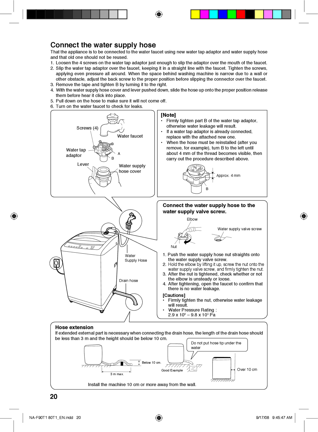 Panasonic NA-F90T1, NA-F80T1 operating instructions Connect the water supply hose 