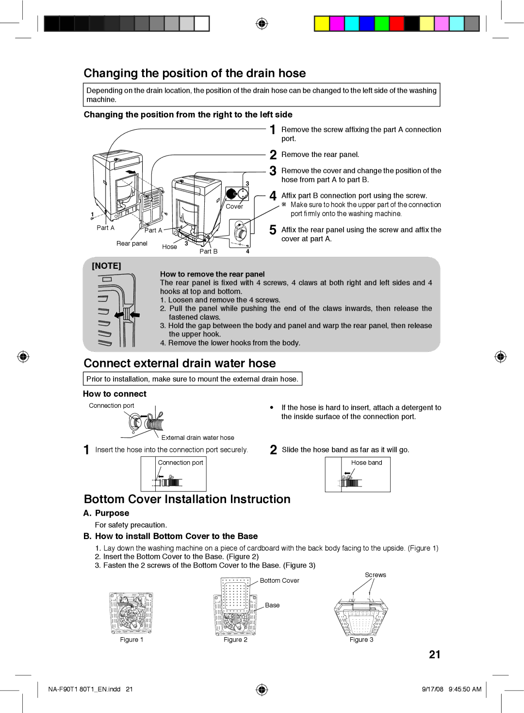 Panasonic NA-F80T1, NA-F90T1 Changing the position of the drain hose, Connect external drain water hose 