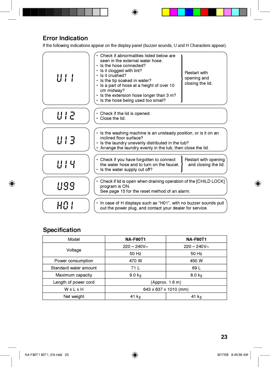 Panasonic operating instructions Error Indication, Speciﬁcation, NA-F90T1 NA-F80T1 