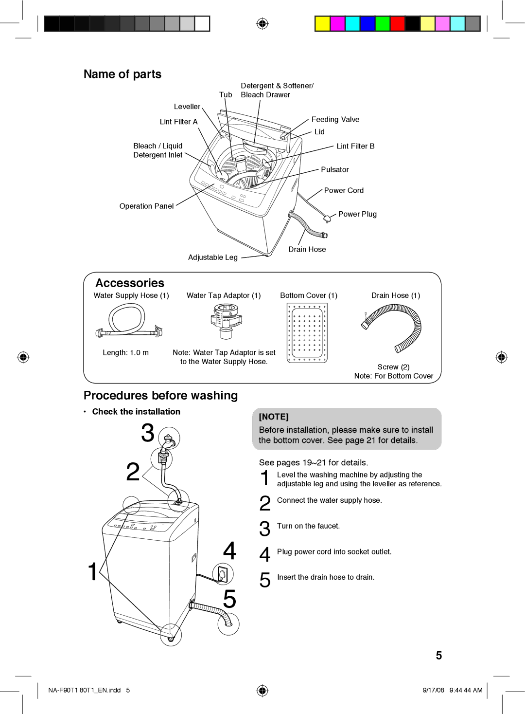 Panasonic NA-F80T1, NA-F90T1 Name of parts, Accessories, Procedures before washing, Check the installation 