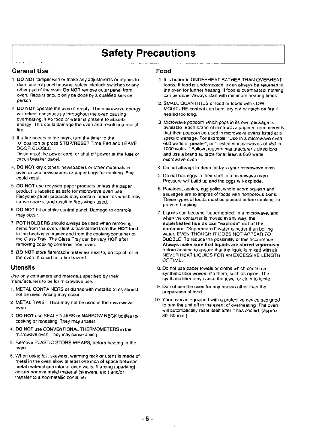 Panasonic NB-1024 SafetyPrecautions- a, Utensils, GeneralUse, Food, Neverheatliquidsforan Excessivelength O F T I M E 