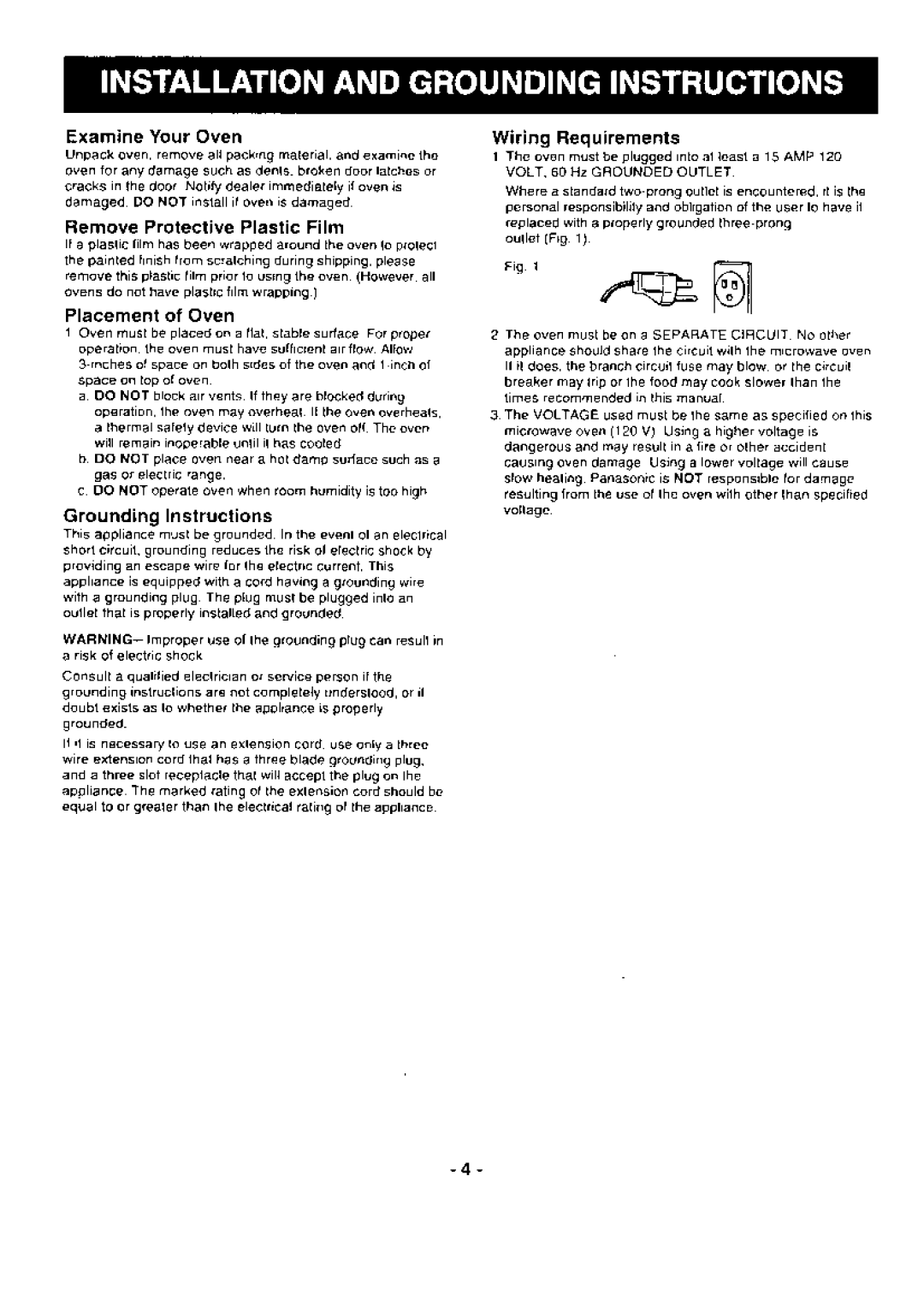 Panasonic NB-1024 manual ExamineYourOven, WiringRequirements, Remove ProtectivePlastic Film, Placementof Oven 