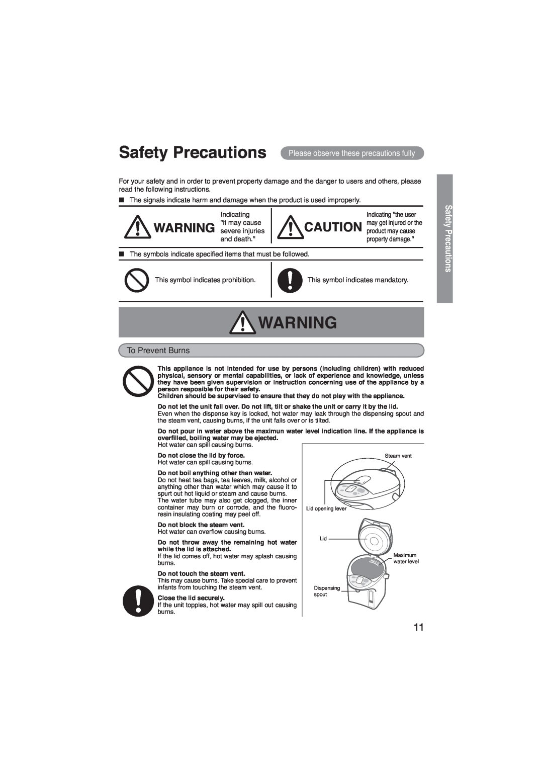 Panasonic NC-EH40P Safety Precautions Please observe these precautions fully, Indicating the user, property damage 