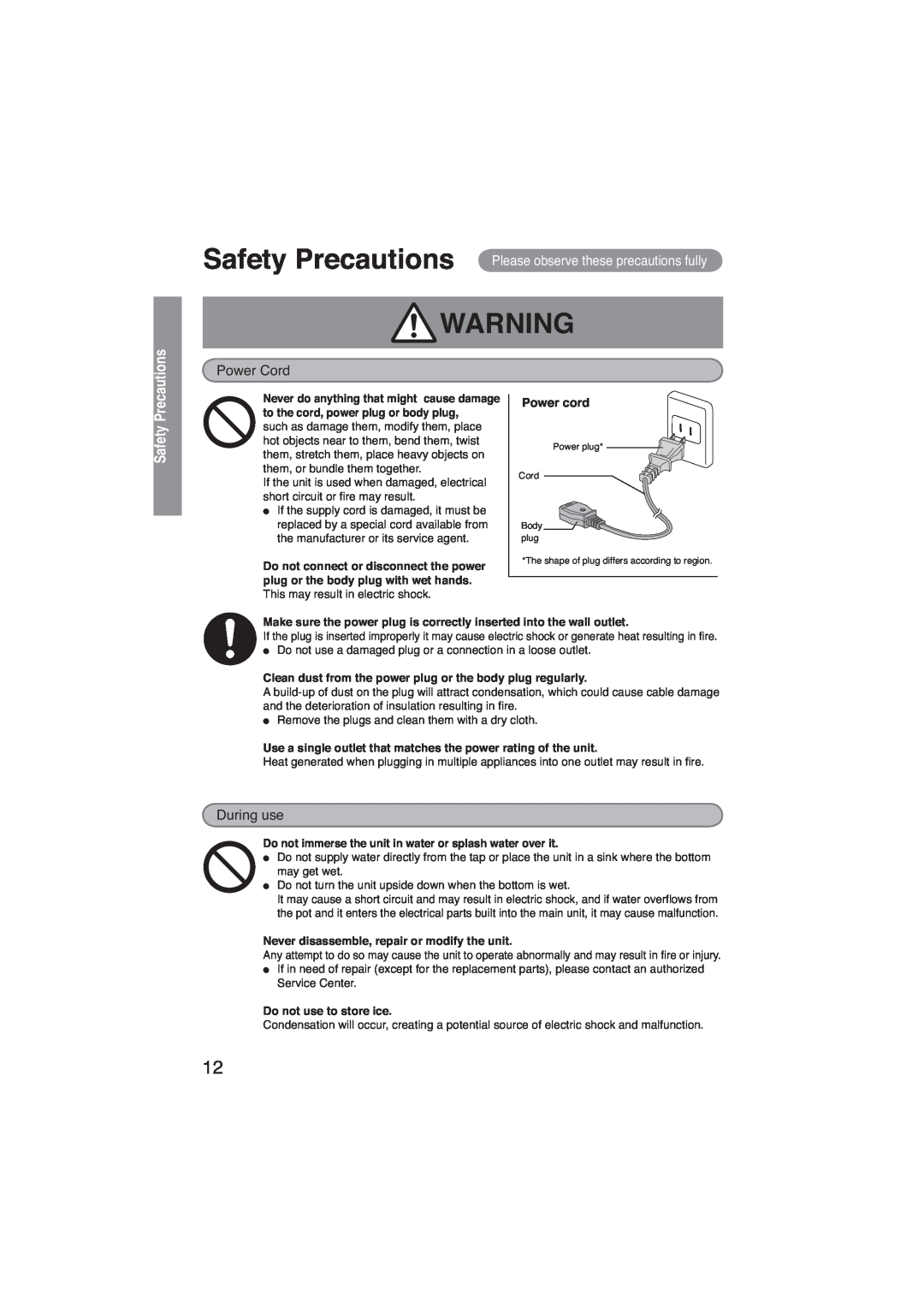 Panasonic NC-EH30P, NC-EH22P Safety Precautions Please observe these precautions fully, Power Cord, During use, Power cord 