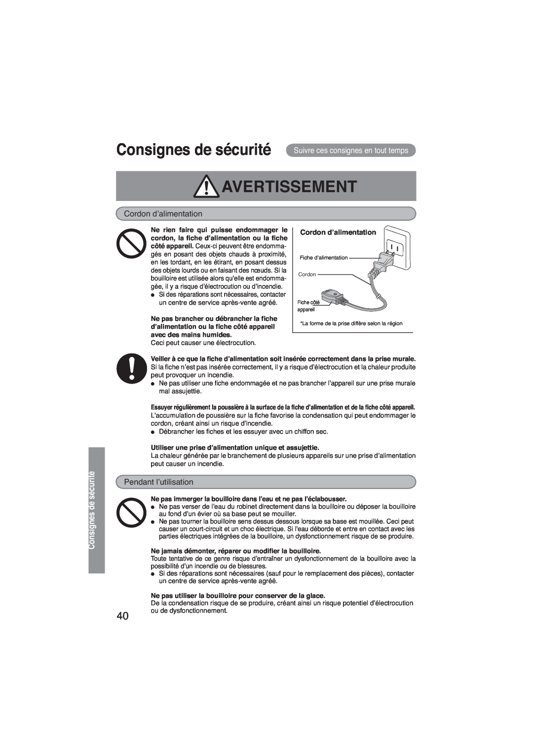 Panasonic NC-EH22P Avertissement, Consignes de sécurité Suivre ces consignes en tout temps, Cordon d’alimentation 