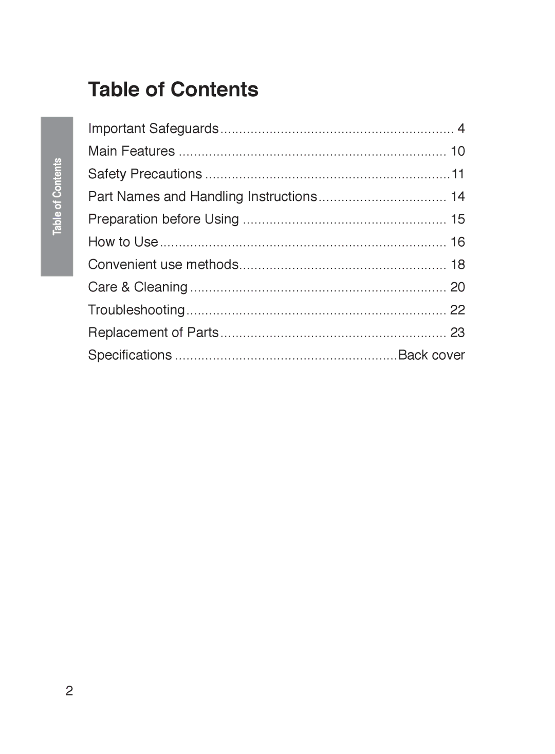 Panasonic NC-HU401P, NC-HU301P operating instructions Table of Contents 