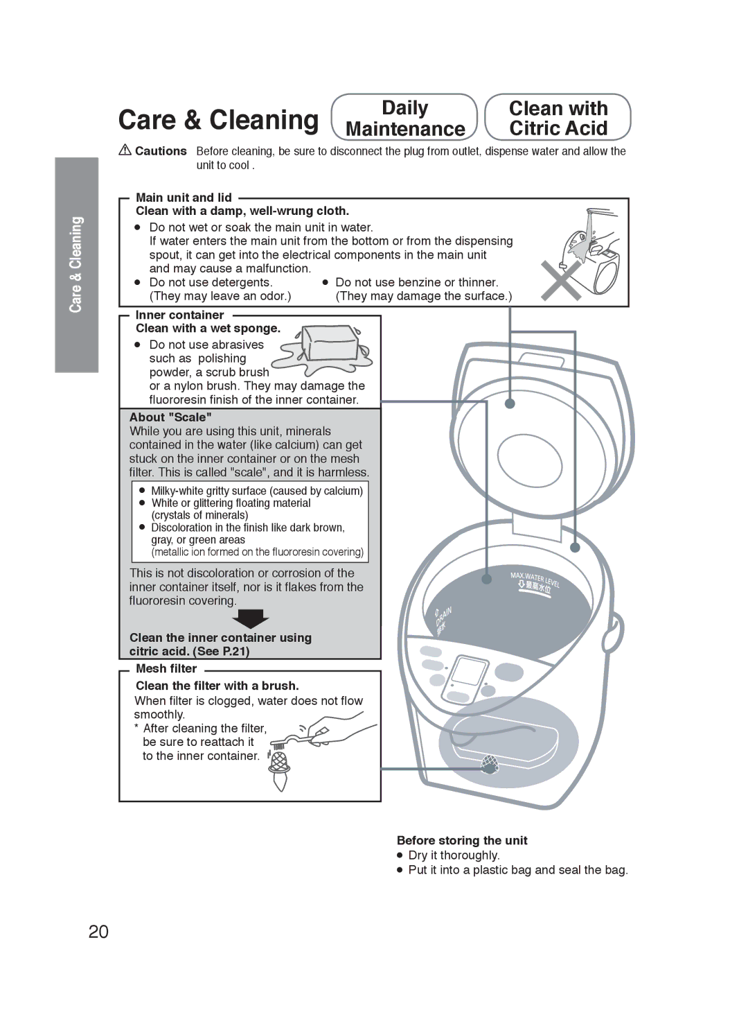 Panasonic NC-HU401P, NC-HU301P operating instructions Care & Cleaning, Daily Clean with Maintenance Citric Acid 