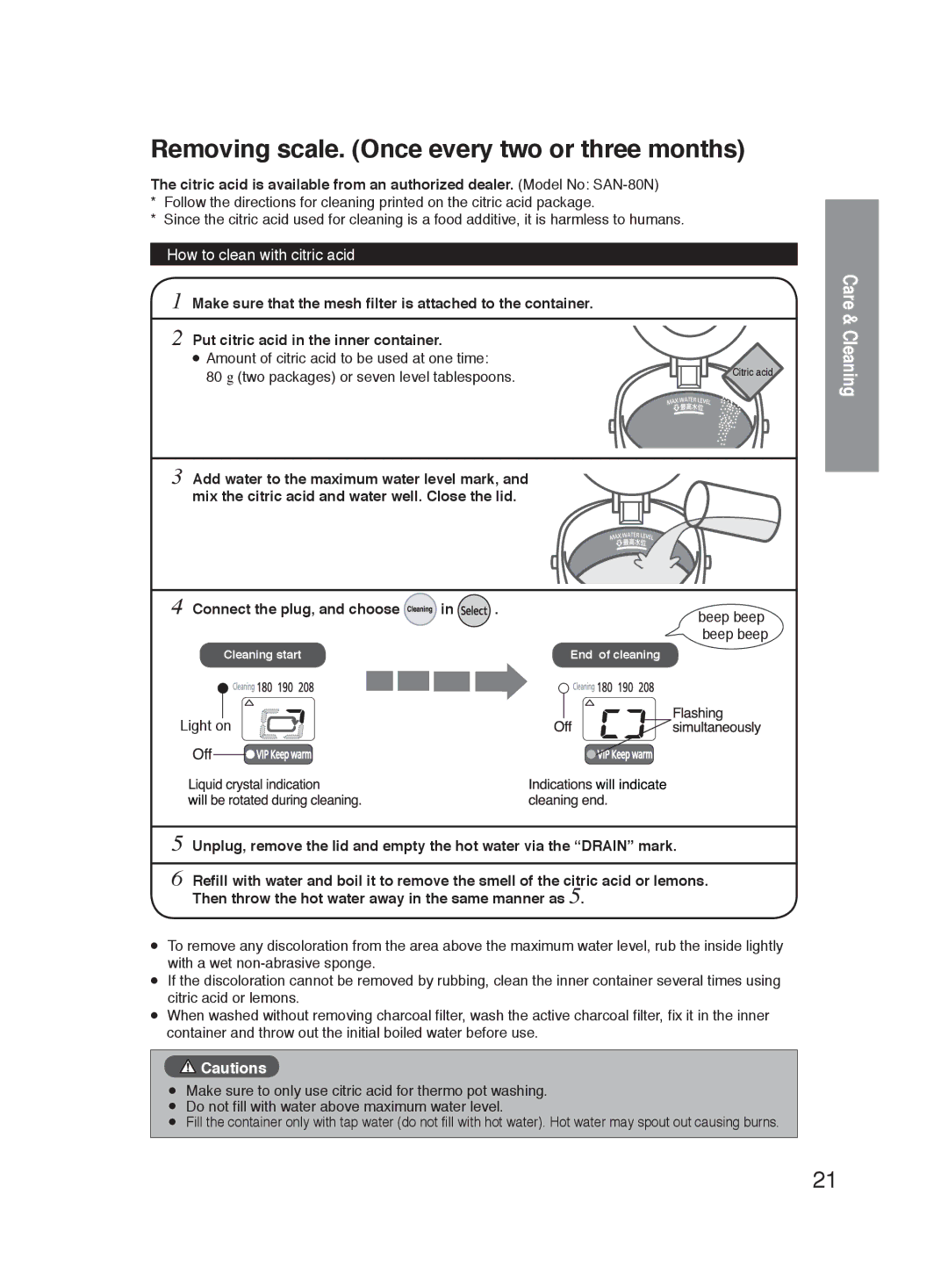 Panasonic NC-HU301P, NC-HU401P Removing scale. Once every two or three months, Connect the plug, and choose 