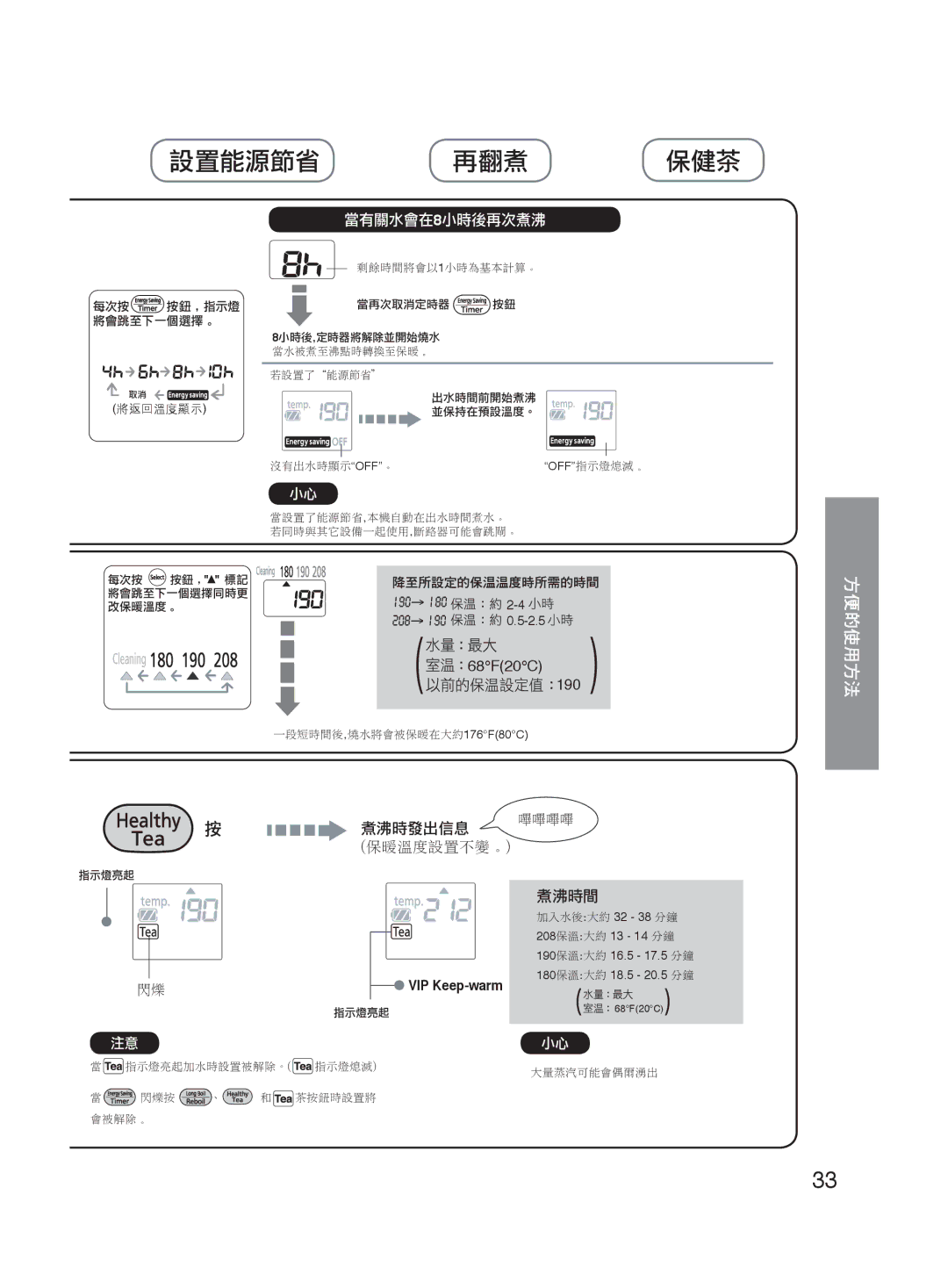 Panasonic NC-HU301P, NC-HU401P operating instructions 設置能源節省 再翻煮 保健茶, VIP Keep-warm 