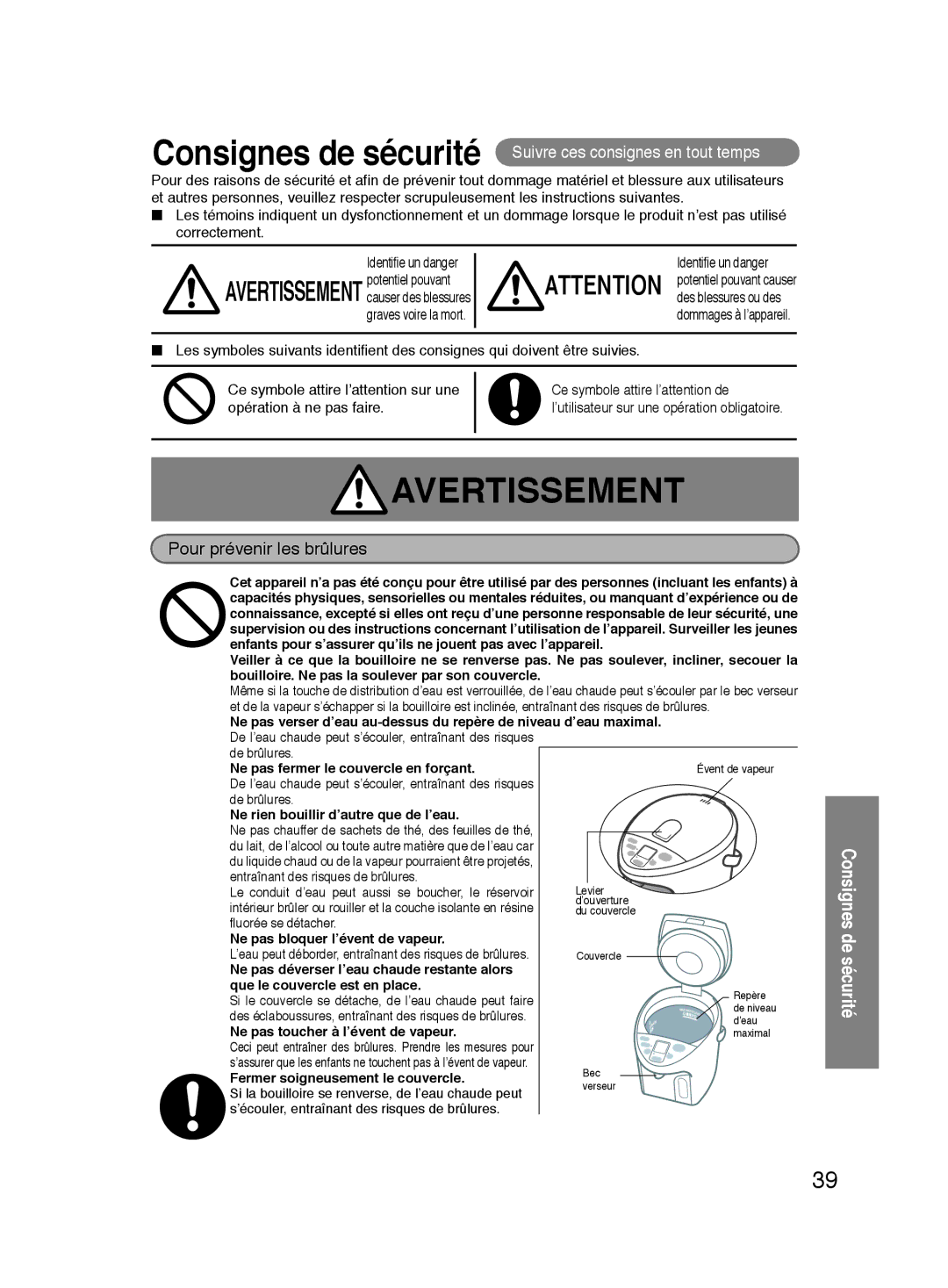 Panasonic NC-HU301P, NC-HU401P operating instructions Consignes de sécurité Suivre ces consignes en tout temps 