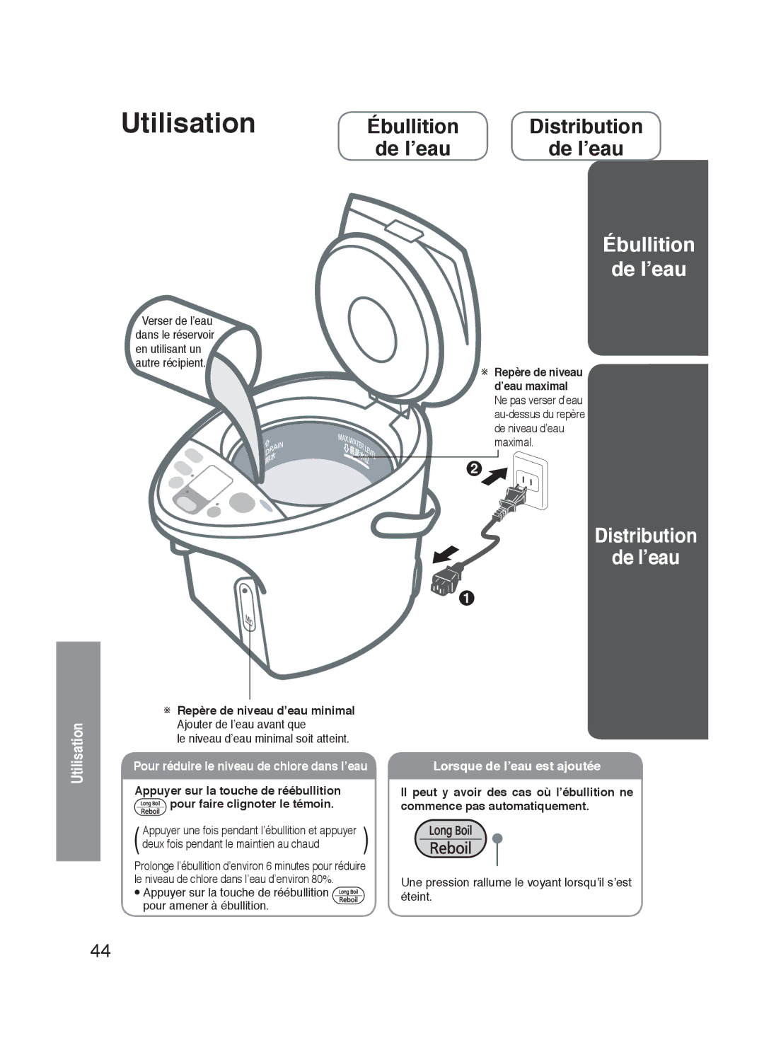 Panasonic NC-HU401P, NC-HU301P Utilisation, Ébullition Distribution De l’eau, Lorsque de l’eau est ajoutée 