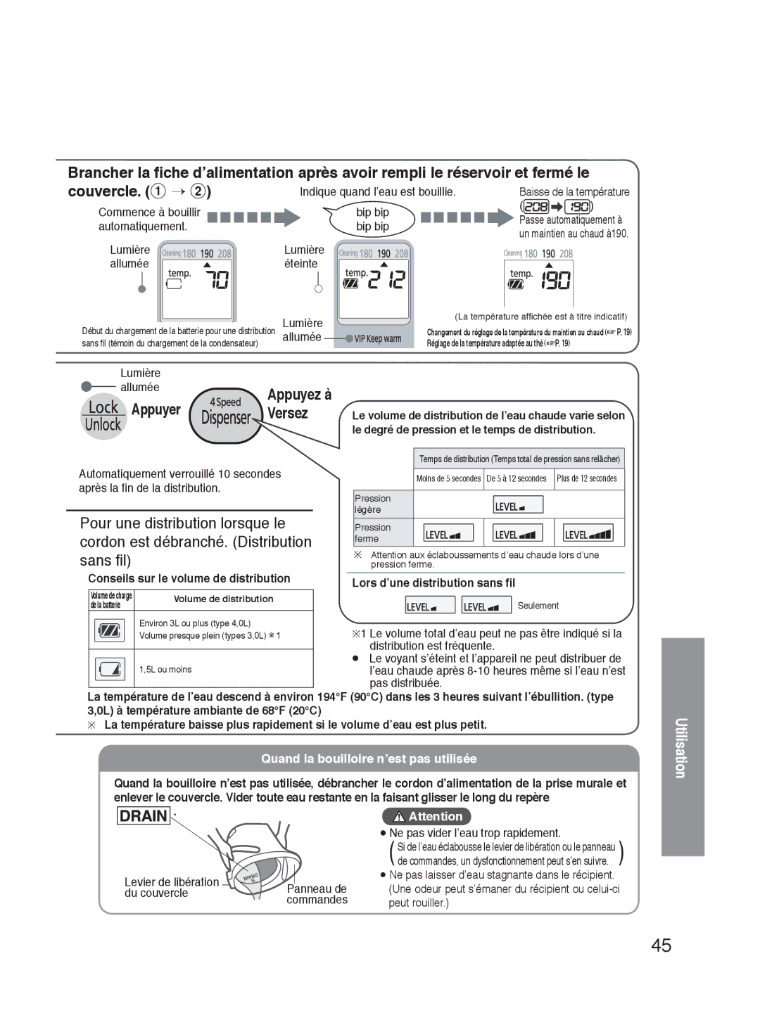 Panasonic NC-HU301P, NC-HU401P Quand la bouilloire n’est pas utilisée, Appuyez à, Conseils sur le volume de distribution 