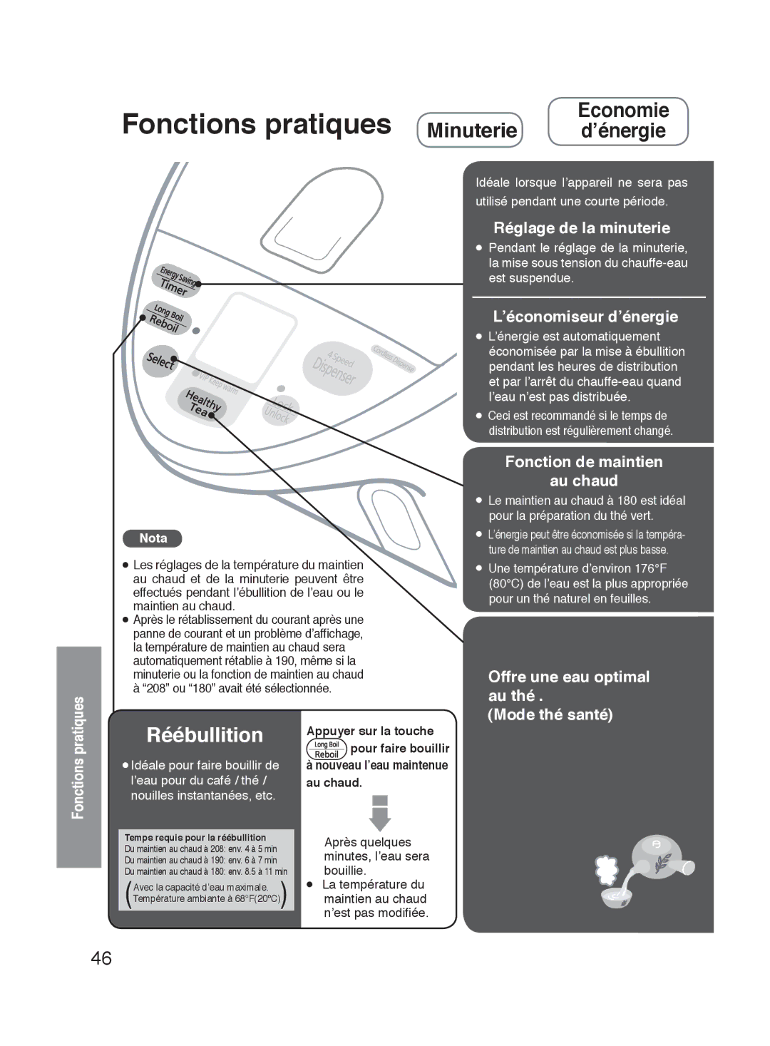 Panasonic NC-HU401P, NC-HU301P operating instructions Fonctions pratiques Minuterie, Economie, ’énergie 