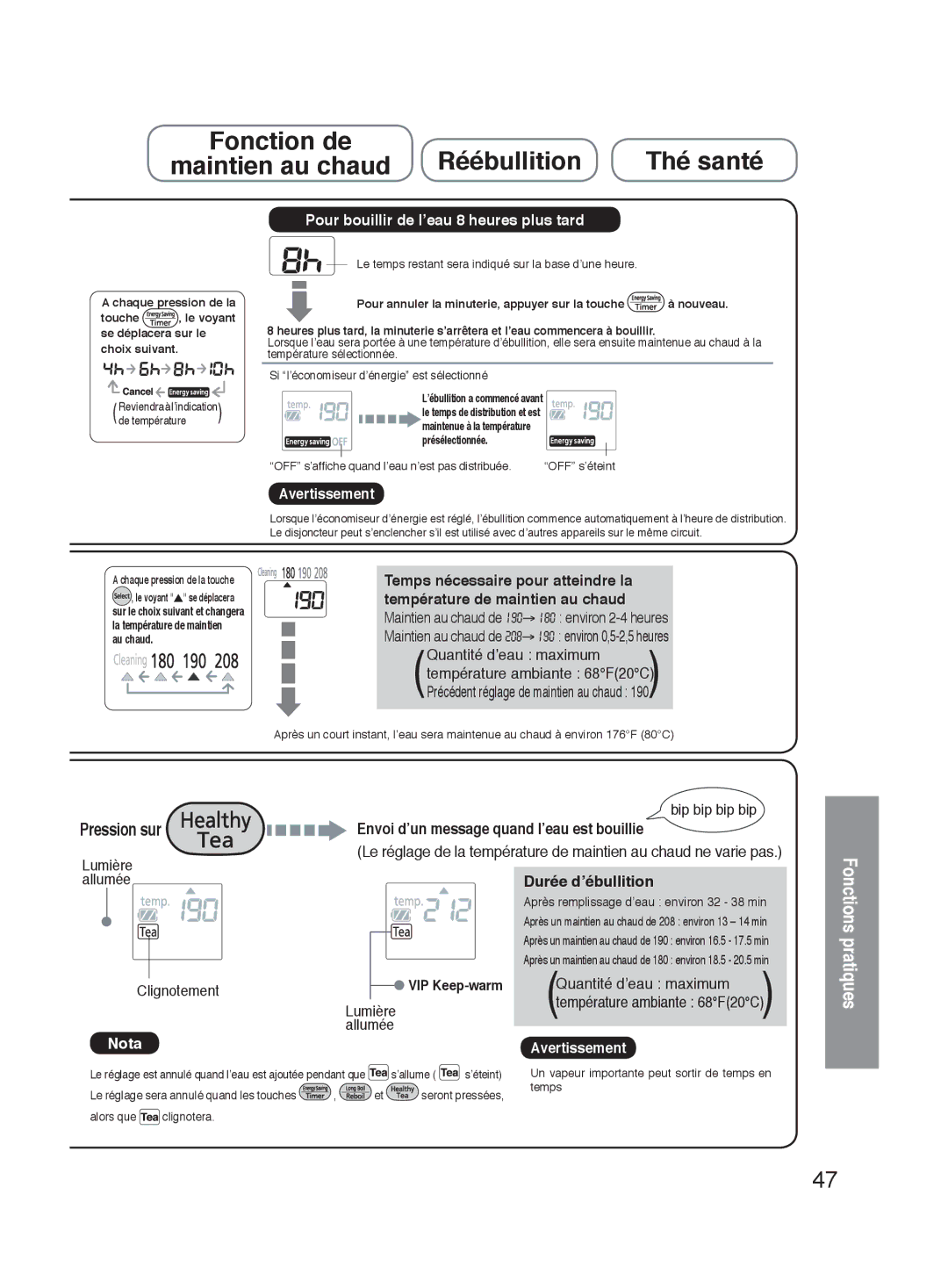 Panasonic NC-HU301P, NC-HU401P Fonction de Réébullition Thé santé Maintien au chaud, Fonctions pratiques 