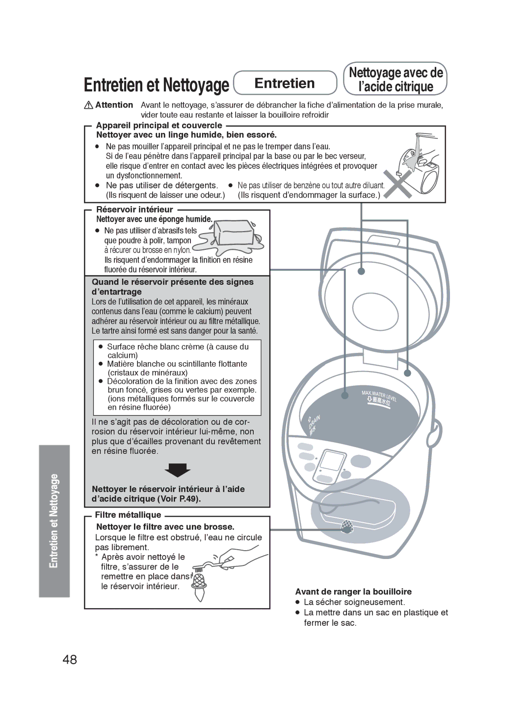 Panasonic NC-HU401P, NC-HU301P Entretien et Nettoyage, Ne pas utiliser de détergents, Réservoir intérieur 