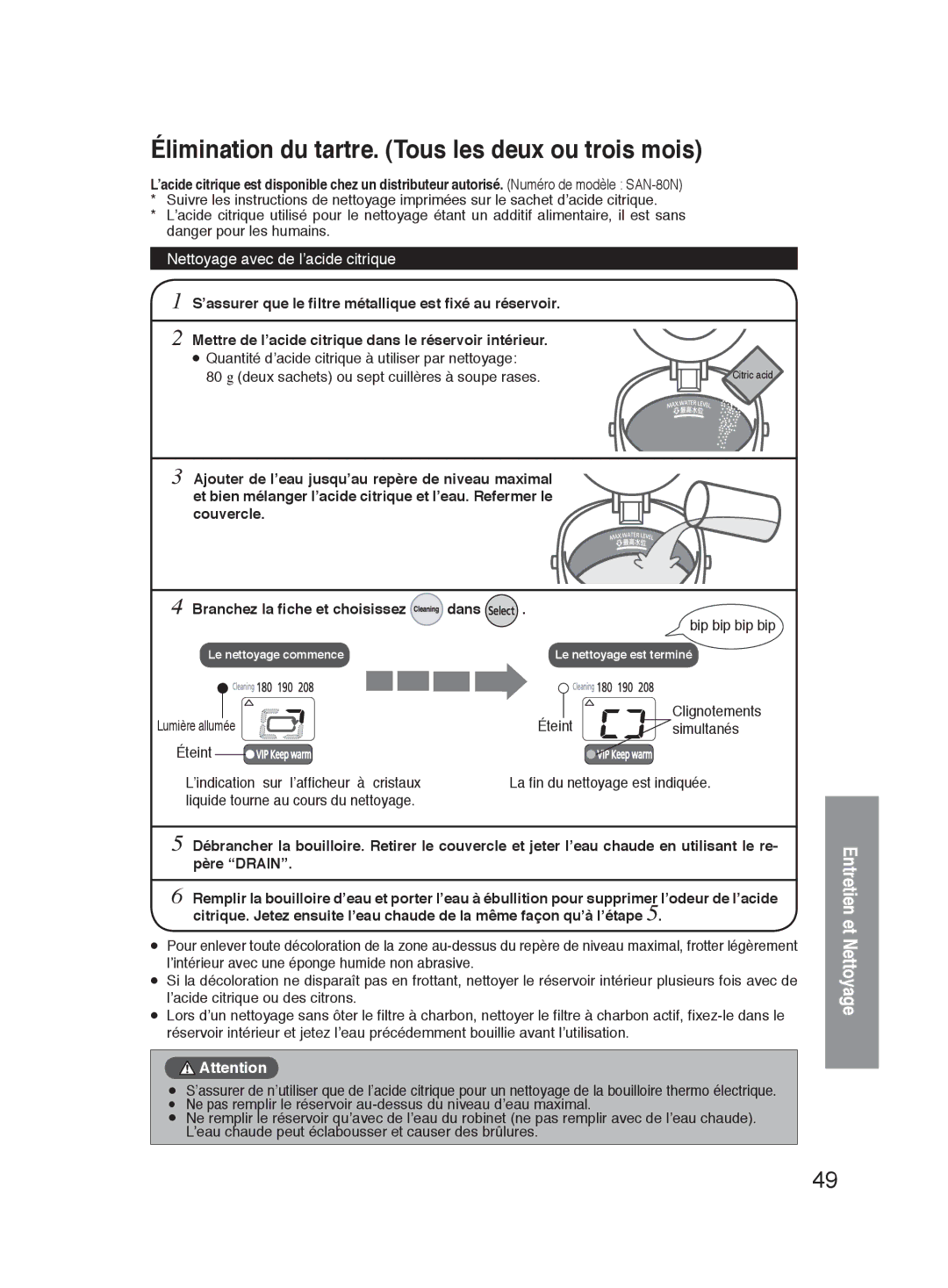 Panasonic NC-HU301P, NC-HU401P Élimination du tartre. Tous les deux ou trois mois, Nettoyage avec de l’acide citrique 