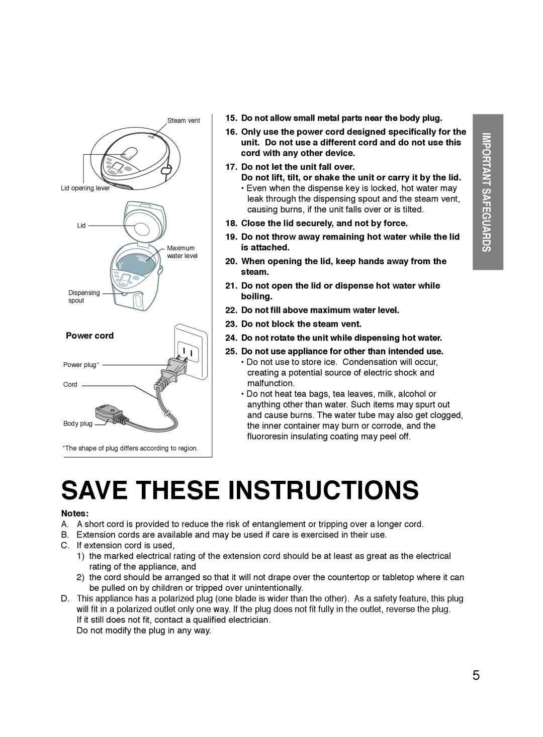 Panasonic NC-HU301P, NC-HU401P operating instructions Power cord 