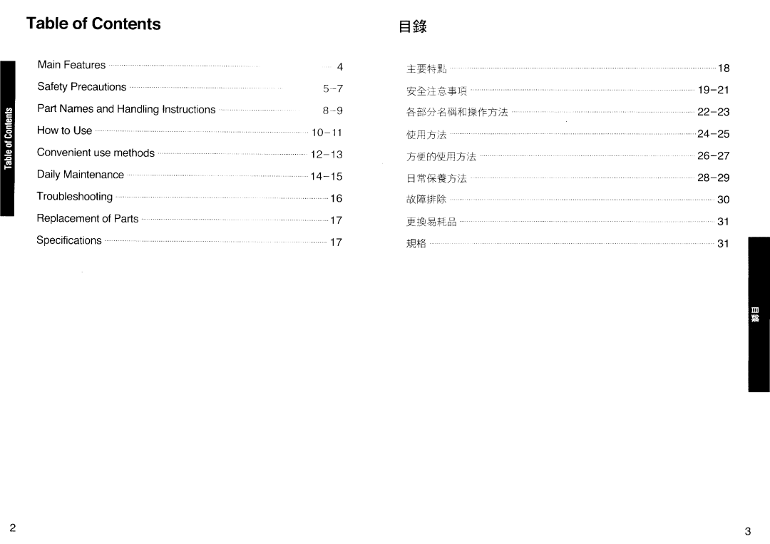 Panasonic NC-PF30PV manual Tabfeof Contents $fi 