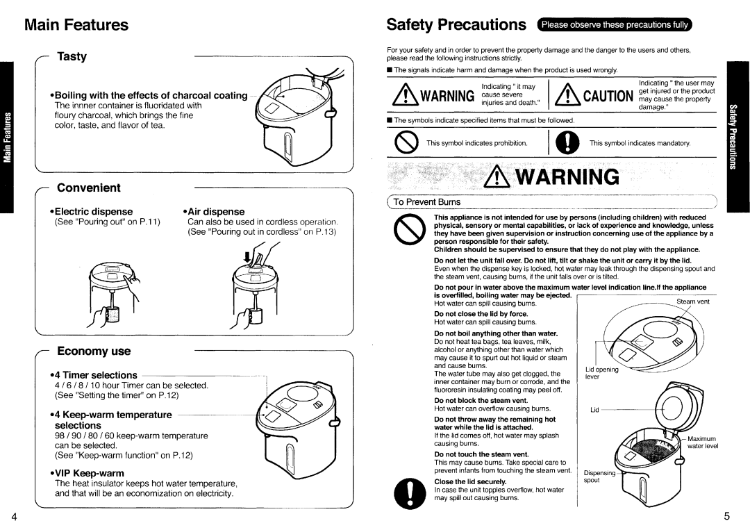 Panasonic NC-PF30PV manual wARNtNcrujiir, SafetyPrecautions, MainFeatures, CAUTtoN,iltuy,$1, Tasty 