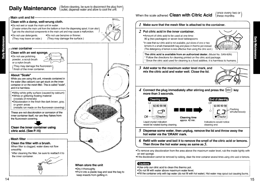 Panasonic NC-PF30PV manual Daiy Maintenance ff3ffttri38,i8Sl!?f,1i3fiiil33ll?f,0.1Y,?i, NITilT, Gd@ 