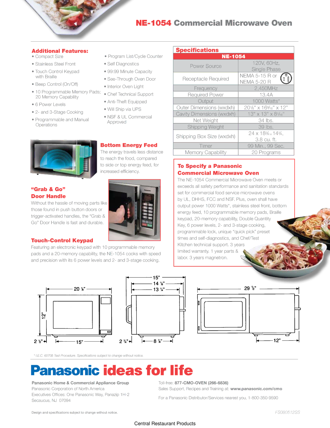 Panasonic NE-1054 manual Additional Features, Grab & Go Door Handle, Touch-Control Keypad 