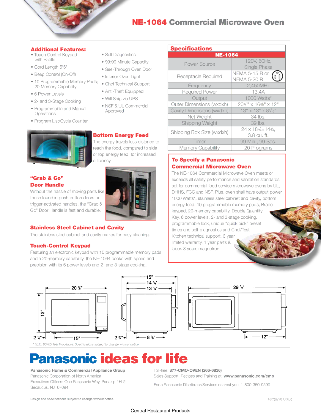 Panasonic NE-1064 manual Additional Features, Bottom Energy Feed, Grab & Go Door Handle, Stainless Steel Cabinet and Cavity 