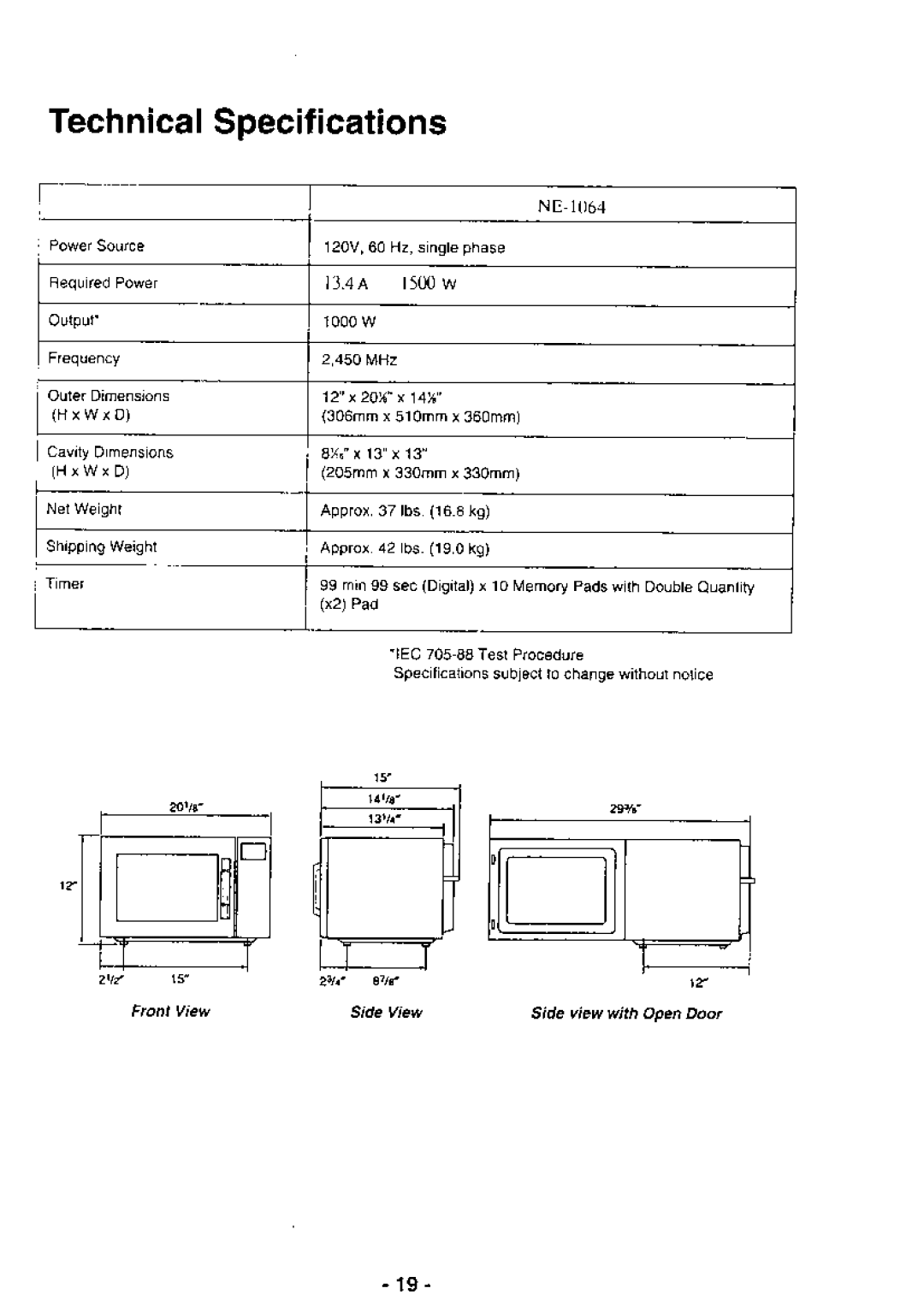 Panasonic NE-1064 manual Technical$pecifications, 13.4A 1500w 