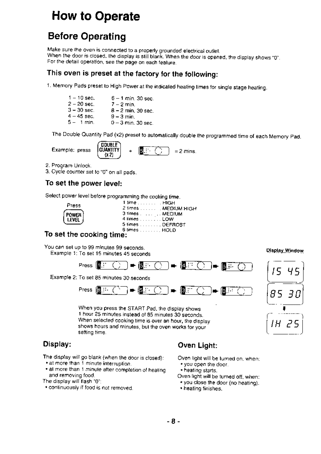 Panasonic NE-1064 manual BeforeOperating, Examptepressft?rffil + tEJl--l =2mins. \-rl, Display 