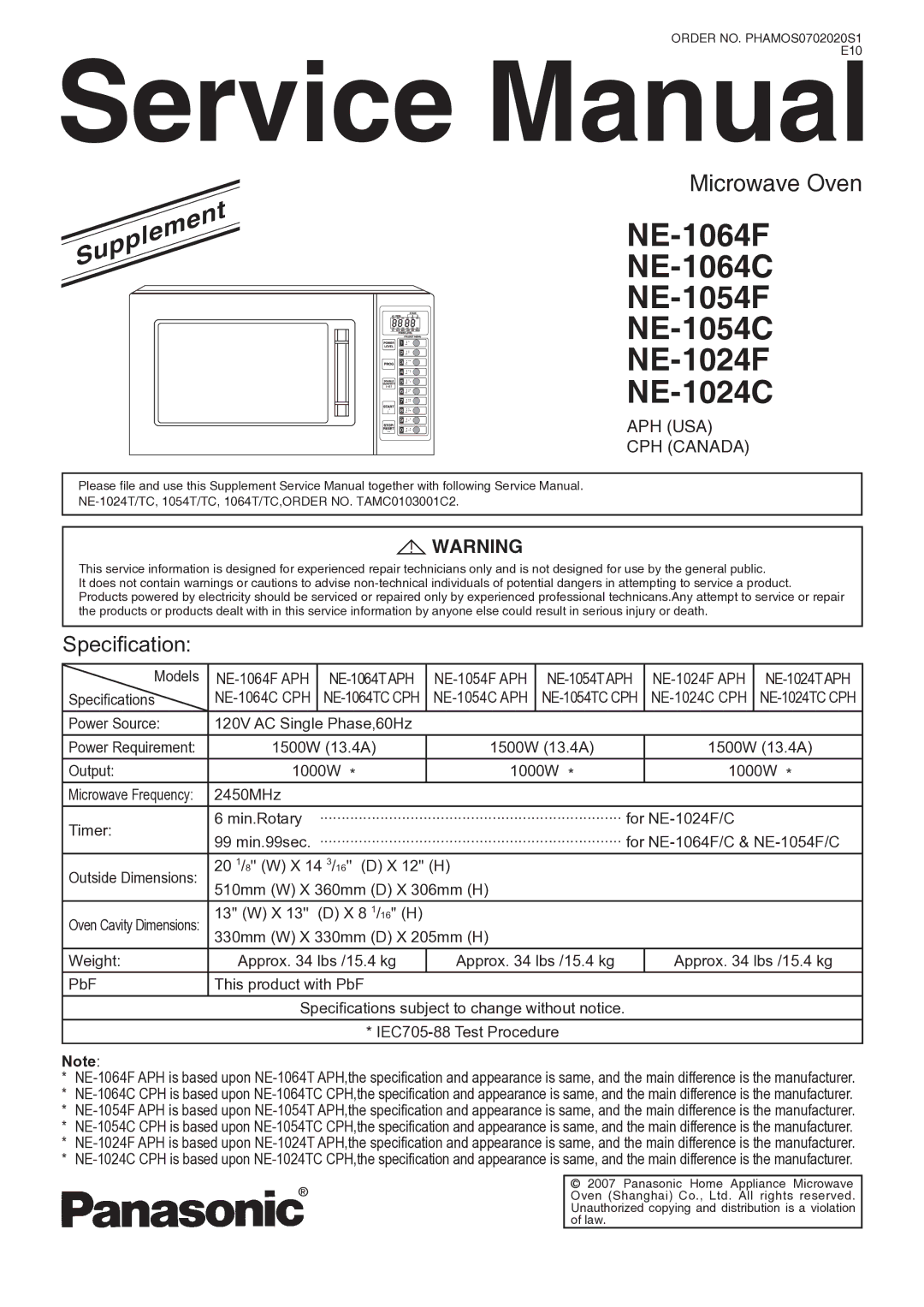 Panasonic service manual NE-1064F NE-1064C NE-1054F NE-1054C NE-1024F NE-1024C 