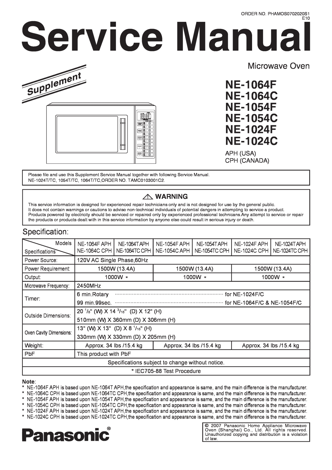 Panasonic service manual Service ManualE10, NE-1064F NE-1064C NE-1054F NE-1054C NE-1024F NE-1024C, Microwave Oven 