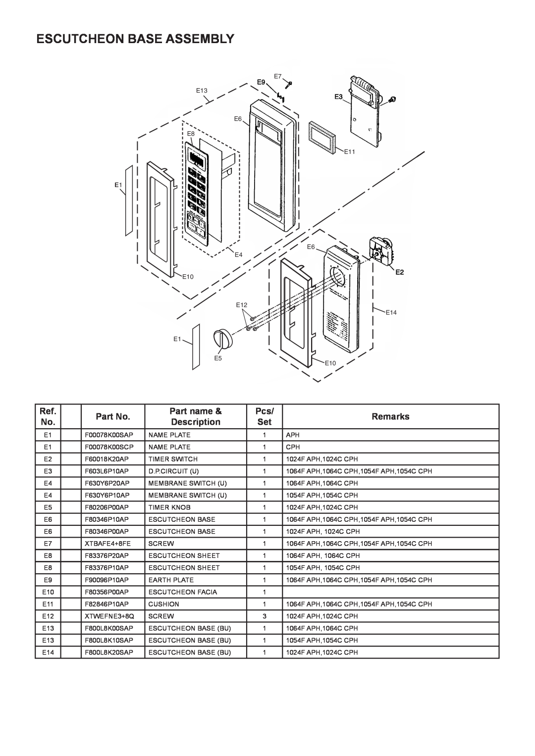 Panasonic NE-1064C Escutcheon Base Assembly, Part name, Remarks, Description, E7 E13 E6 E8 E11 E1 E6 E4, E10 E12 E1 E5 